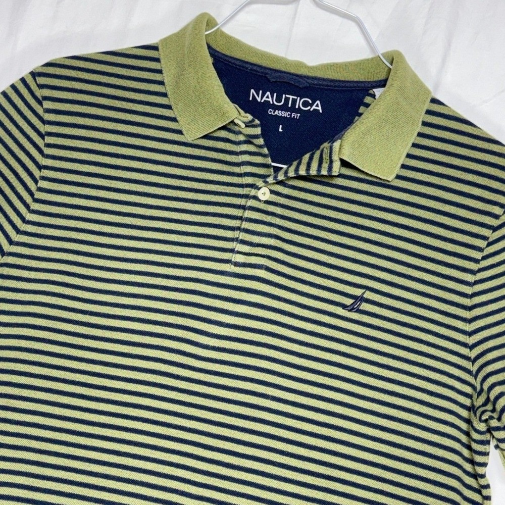 Nautica Classic Fit Striped Polo Shirt Men's Size L Olive Green Navy Blue‎